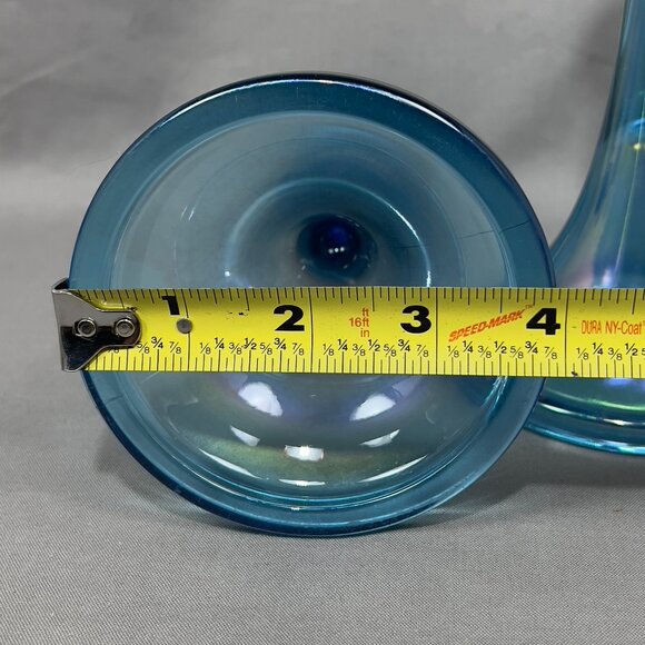 Vtg Central Glass Works Iridescent Blue Stretch Trumpet Candlestick Holders Glow - Picture 15 of 16